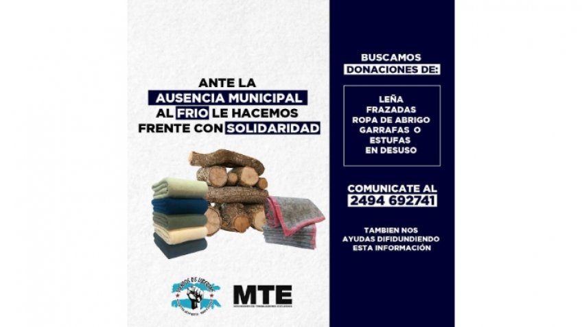El MTE lanza la campaña de donaciones ''Al frio le hacemos frente con solidaridad''